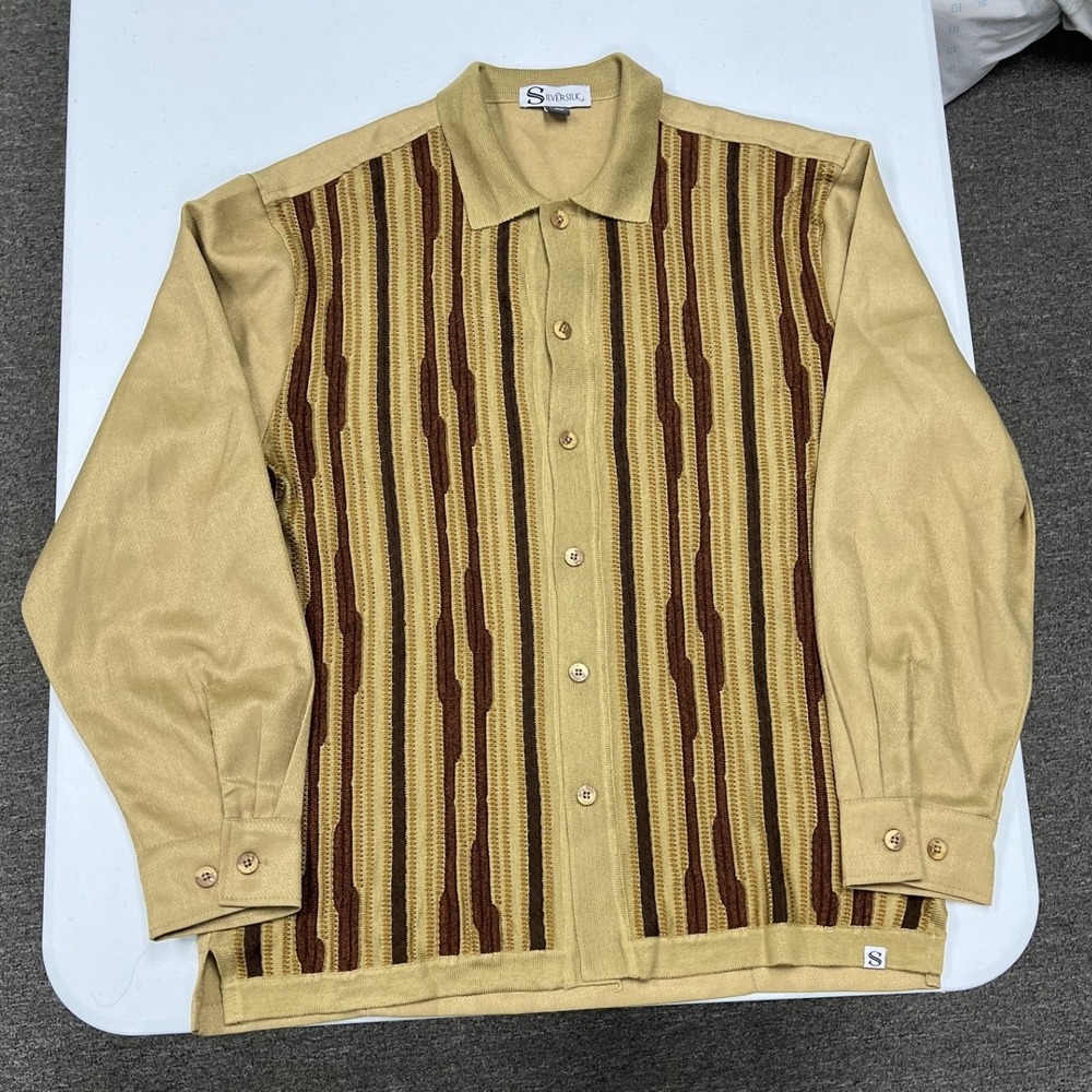 Silversilk Knit Front Button Up Shirt Mens L Tan Brown Striped Herringbone B2